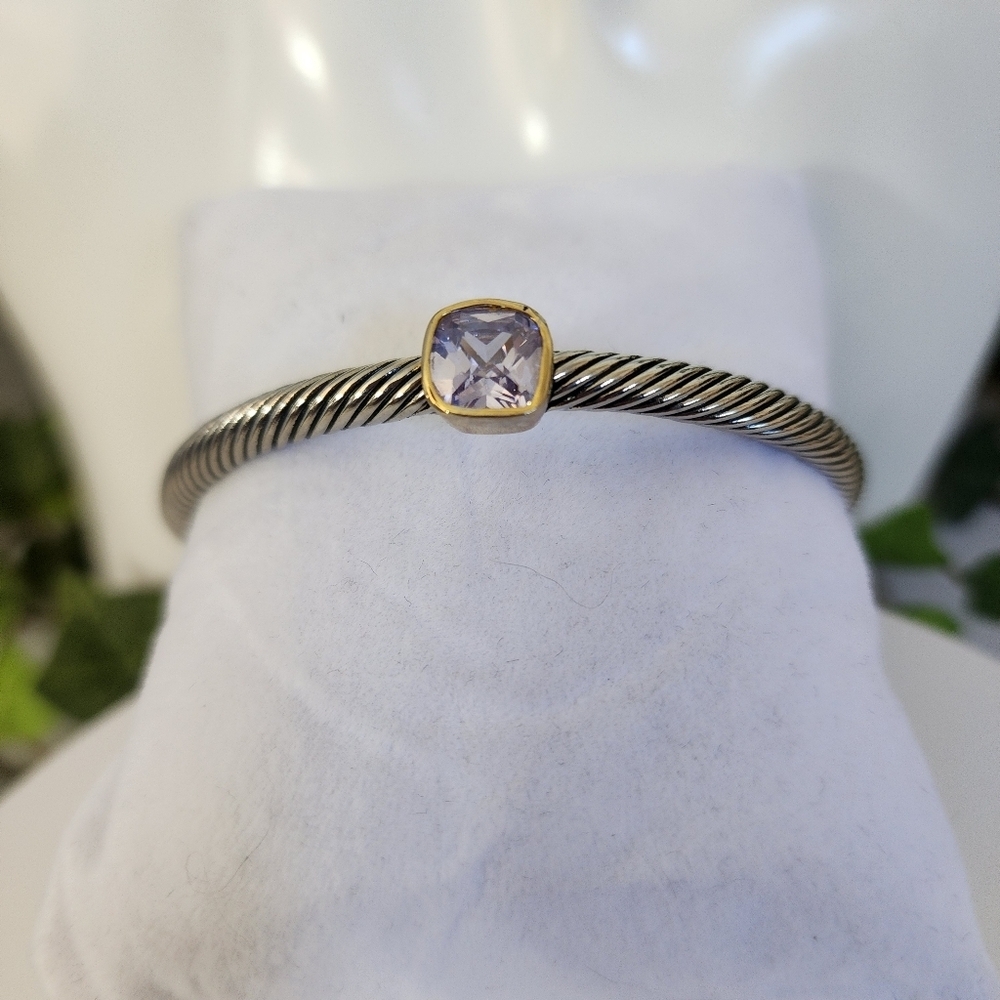Twisted Cable Cuff Bracelet with Lavender Purple Stone - Silver & Gold Tone